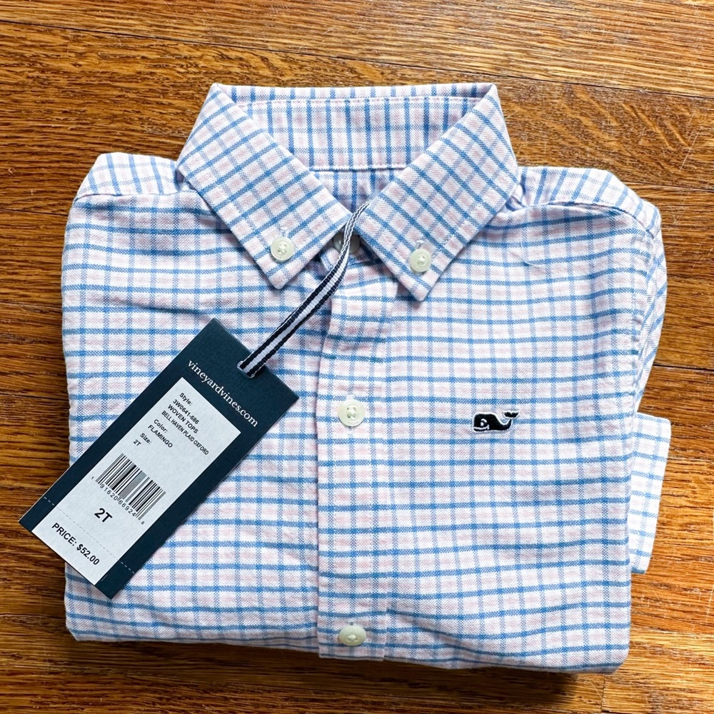 **NWT Vineyard Vines Boy’s Bell Haven Plaid Oxford in Flamingo **